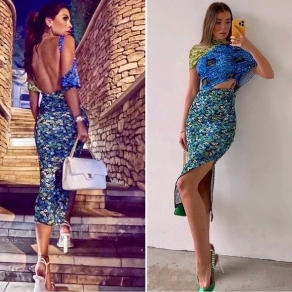 Zara Floral Midi Dress Stretch Asymmetrical Blue Green Print Blogger Fave SizeXS - Picture 15 of 16